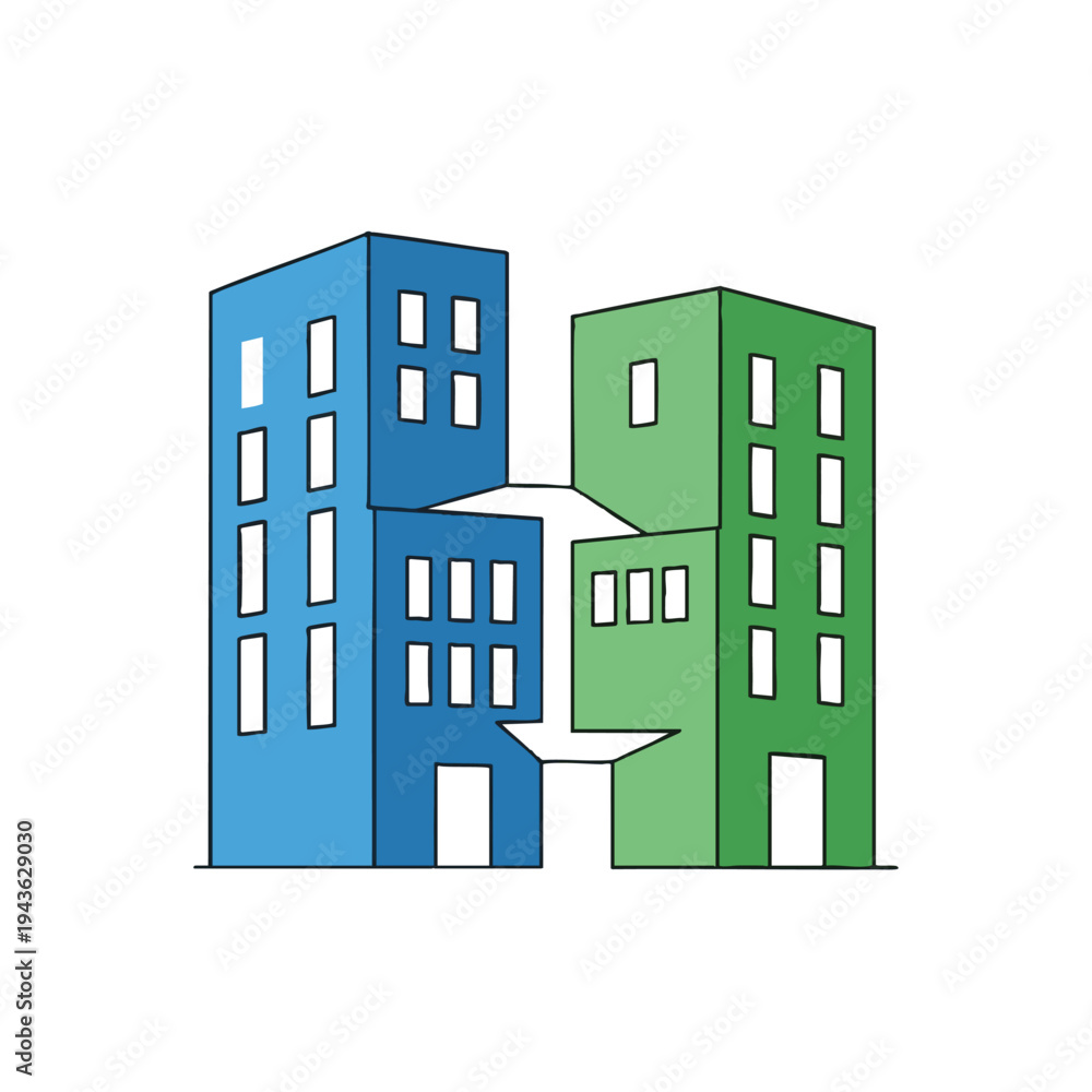 Naklejka premium Two abstract multi-story buildings, blue and green, connected in the center