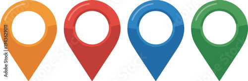 colorful map location pin pointers in orange red blue and green for navigation and travel infographics.