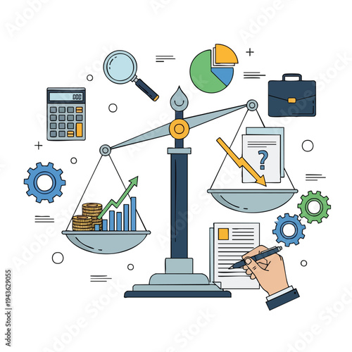 Financial concept with scales, coins, calculator, pie chart, briefcase, and hand