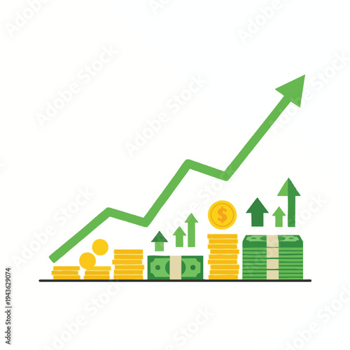 Upward trending graph with stacked coins, bills, and arrows signifying growth