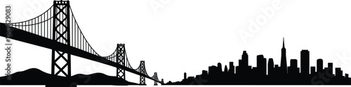San Francisco skyline silhouette with Bay Bridge and downtown skyscrapers isolated on white background famous California USA cityscape illustration for travel