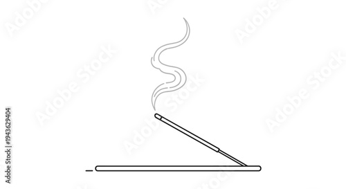 Simple black and white line drawing of an incense stick burning with a graceful trail of smoke rising into the air above.