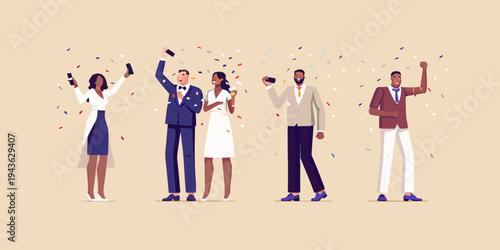 Diverse group celebrates success with confetti and joyful smartphone photos