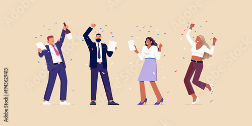 Celebratory business team rejoices with papers and confetti in the air