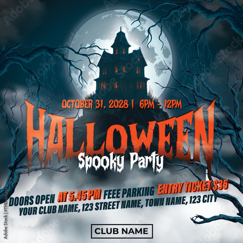 Scary atmosphere during the full moon with smoky air around the haunted mansion on top of the hill. 