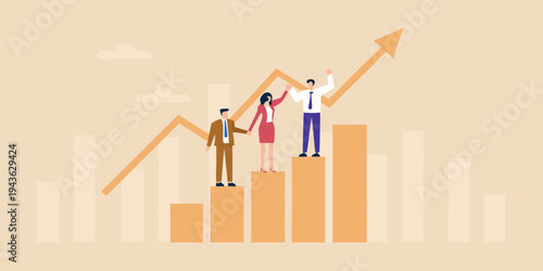 Business professionals celebrate success atop a growing financial chart