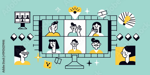 People connecting via video conference with bright idea illustrations