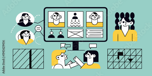 People connecting through video conference and collaborative work interfaces