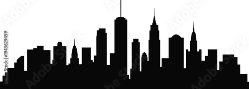 Urban city skyline silhouette with modern skyscrapers and downtown buildings, black cityscape vector illustration isolated on light background for travel and architecture concept