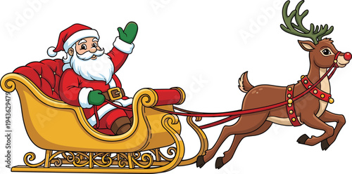 Cute cartoon Santa Claus waving from a golden sleigh pulled by a flying reindeer isolated on white background for Christmas holiday greeting card design