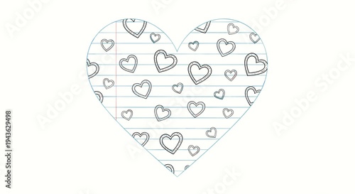 Large heart shape is filled with numerous smaller hand-drawn hearts on a lined paper background for a romantic notebook feel.