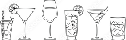 Cocktail glass line art collection, martini whiskey wine highball drinkware set, bar beverage outline vector illustration