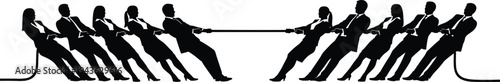 Business tug of war silhouette with professional men and women in suits competing for success isolated on white background for teamwork and competition concept