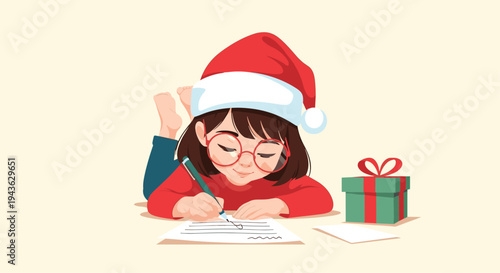 Young girl wearing a Santa hat lies on the floor while writing a letter to Santa next to a wrapped green Christmas gift.