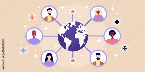 Global connections diverse people linked by a central world map illustration