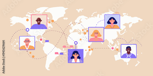 Global connections diverse people linked by network lines across a world map