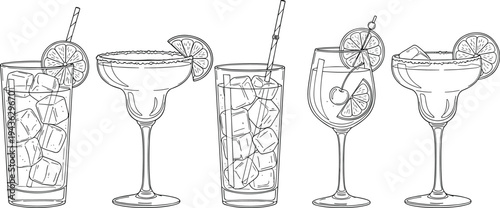 Cocktail glass line art collection, margarita highball wine cocktail glasses illustration, bar drink outline set, minimalist beverage glassware vector