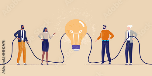 Team collaboration generates a bright idea symbolized by a lightbulb