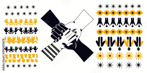 A stylized illustration depicts a handshake with decorative border elements