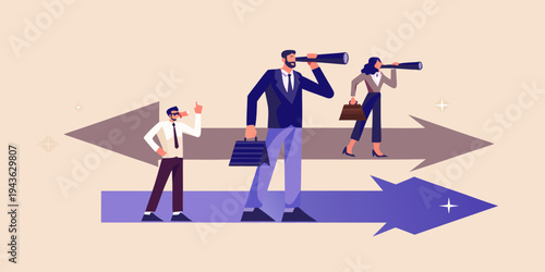 Business professionals using binoculars and navigating future directions with arrows