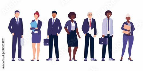 Diverse group of business professionals standing in a row smiling