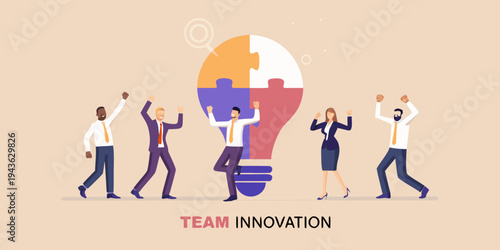 Team celebrates a successful idea represented by a puzzle shaped lightbulb