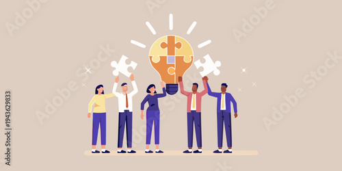 Teamwork illuminates solutions diverse group completing a puzzle lightbulb