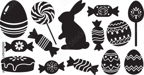 Easter bunny and candy icons in black and white