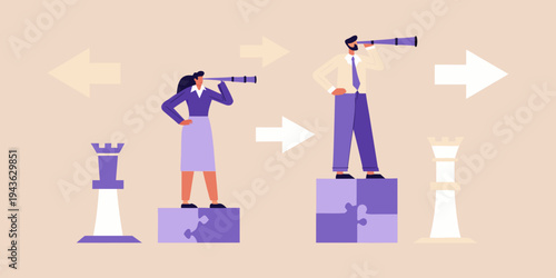 Business people using binoculars looking toward diverging paths and opportunities