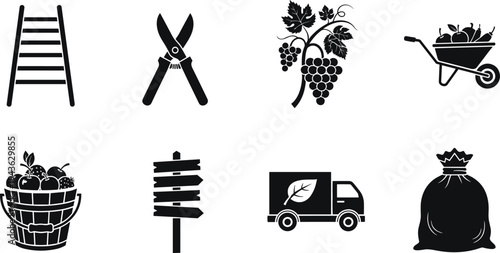 Black vector silhouette icons set of gardening tools, organic fruit harvest, wheelbarrow, ladder, pruning shears, delivery truck, and farm signs for agricultural industry designs.