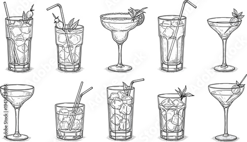 cocktails, drinks, beverage, glassware, martini, margarita, mojito, bar, alcohol, refreshment, outline, lineart, illustration, set, collection, barware, summer, iced, sketch, mixology