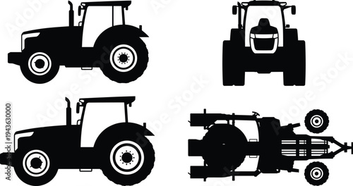 Set of agricultural tractor silhouettes showing farm tractors in side, front and top view isolated on white background for farming machinery design