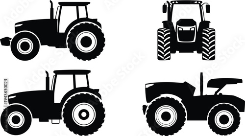 Set of tractor silhouettes showing agricultural farm tractors in side and front view isolated on white background for farming, agriculture, machinery, and transport design use