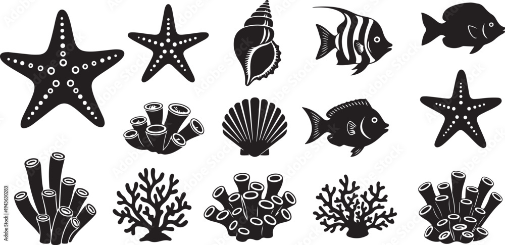 Obraz premium Black and white ocean icons and sea creatures collection
