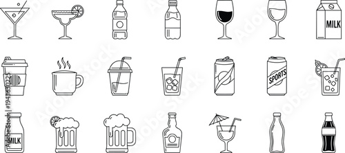 drink icons, beverage, cocktail, beer, coffee, milk, soda, juice, wine, bottle, can, cafe, bar, refreshment, outline, lineart, illustration, set, collection, design