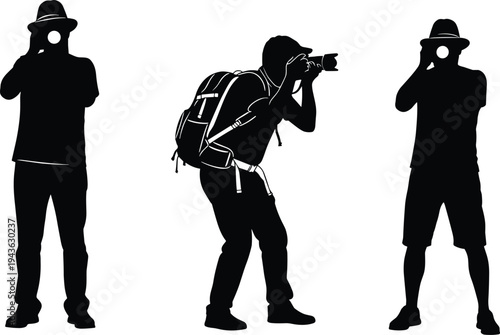 Photographer silhouettes collection with professional camera, creative male photographer poses shooting photos, photography concept vector illustration isolated background