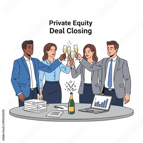 Four people in business attire celebrating a deal with champagne and a laptop