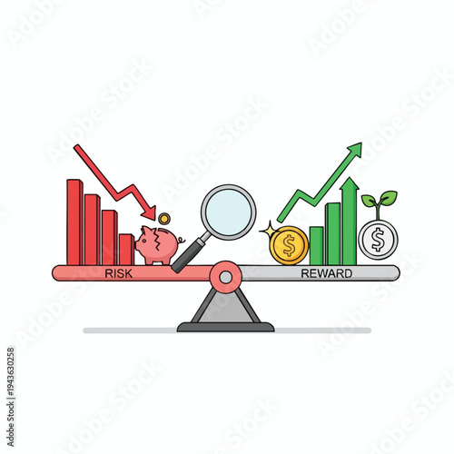 A balance scale displays risk vs. reward with charts, piggy bank, and coins