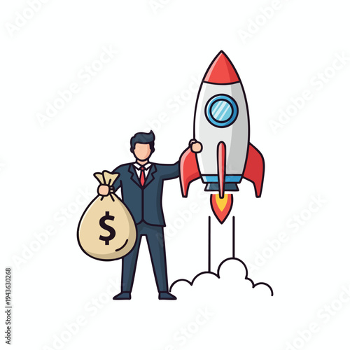 Man in suit holding money bag next to a launching rocket