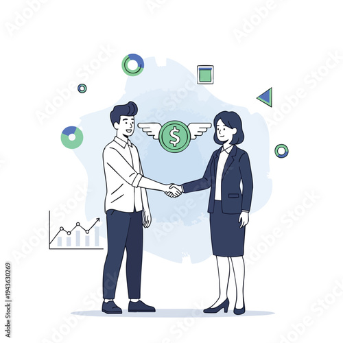 Two professionals shaking hands with a winged dollar coin between them