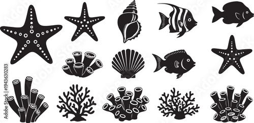 Black and white ocean icons and sea creatures collection