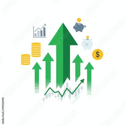 Financial growth concept with rising arrows, coins, and piggy banks