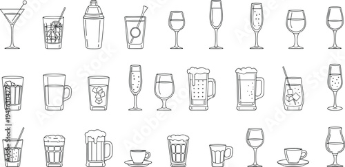 drinkware, glasses, beverages, cocktail, beer, wine, coffee, alcohol, bar, outline, lineart, illustration, glassware, set, collection, sketch, drink, menu, barware, icons