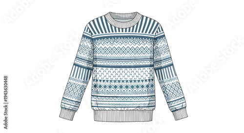 Intricate winter sweater illustration features various geometric patterns and stripes in a classic cold-weather apparel style.