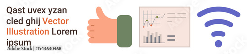 Marketing, analytics, approval, wireless networks, data presentation, business strategy. Thumbs up, graph chart wireless symbol. Marketing and analytics through icons