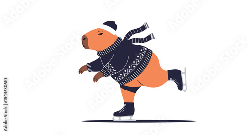 Capybara character wearing a cozy winter sweater and scarf enjoys ice skating across a frozen pond in this cute art.
