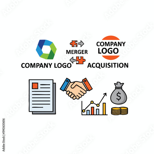 Business icons merger, acquisition, handshake, papers, graph, money bag, coins