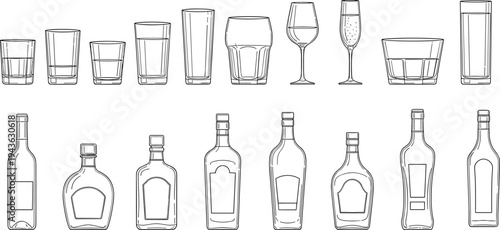 glassware, bottles, alcohol, drink, bar, outline, lineart, illustration, beverage, cocktail, wine, whiskey, vodka, glass, set, sketch, collection, barware, container, template