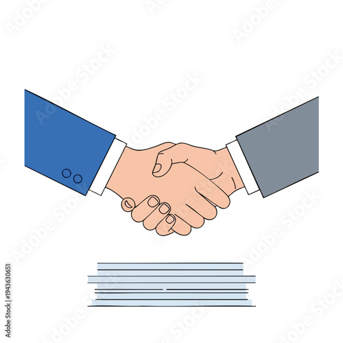 Two individuals in suits shaking hands above a stack of papers
