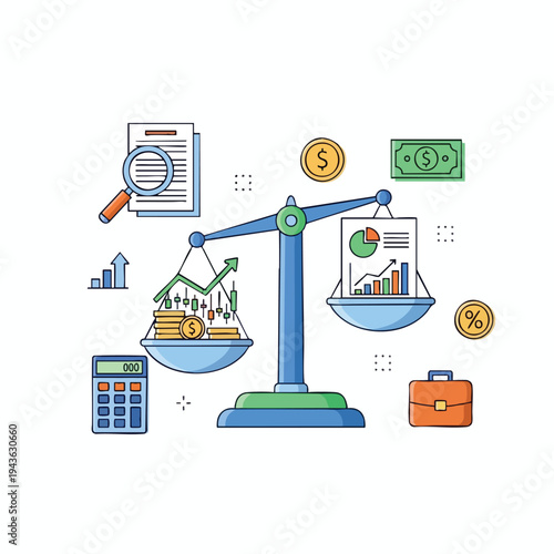 Balanced scales show financial analysis money, charts, calculator, and briefcase